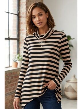 Cable & Gauge Long Sleeve CowlNeck Striped Top Tan & Black Size M